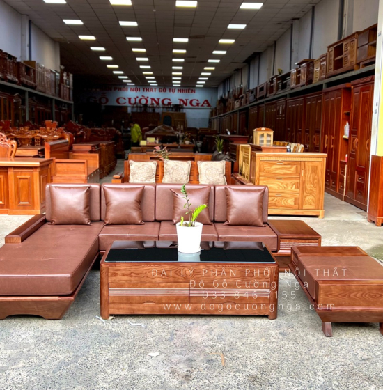Bàn Ghế Sofa Gỗ Sồi Nga Chân Thuyền Lau Màu Óc Chó 2m8x1m9 