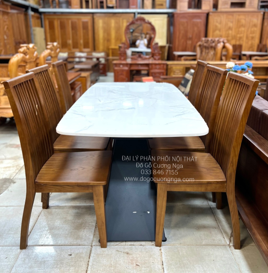 Bàn Ăn Gỗ Sồi Màu Óc Chó 6 Ghế Kết Hợp Mặt Đá Sang Trọng BG 11-2