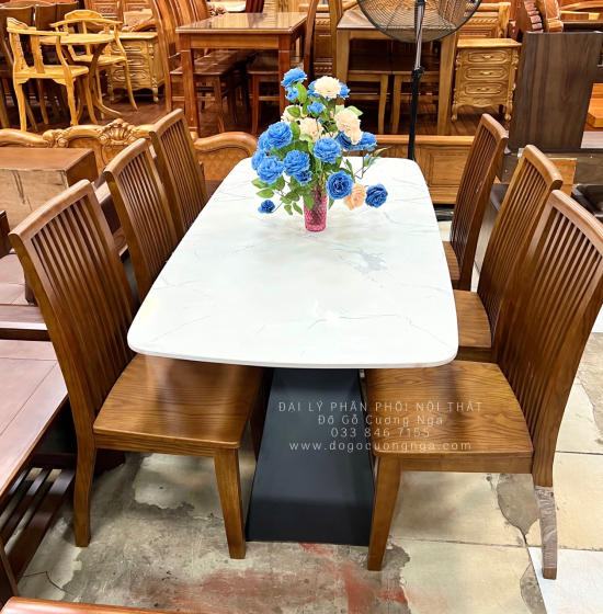 Bàn Ăn Gỗ Sồi Màu Óc Chó 6 Ghế Kết Hợp Mặt Đá Sang Trọng BG 11-2