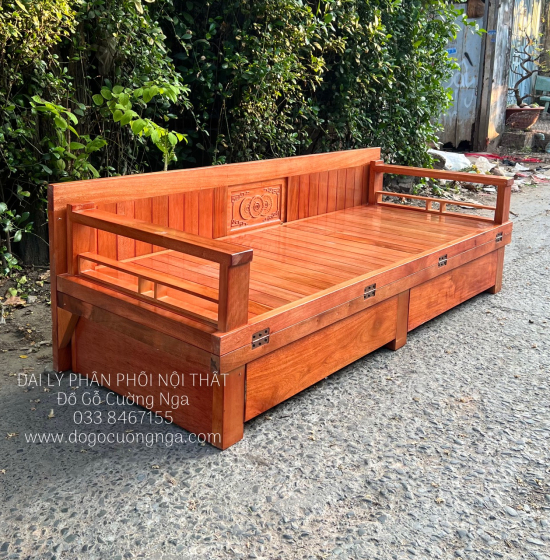 Ghế Giường Gỗ Sồi 2 Ngăn Kéo 1m4x1m9 Màu Cánh Gián Đẹp Giá Rẻ 