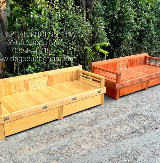 Ghế Giường Gỗ Sồi 2 Ngăn Kéo 1m4x1m9 Màu Cánh Gián Đẹp Giá Rẻ 