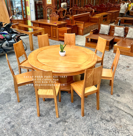 Bàn Ăn Tròn Gỗ Gõ Đỏ 8 Ghế Cao Cấp BG 11-15