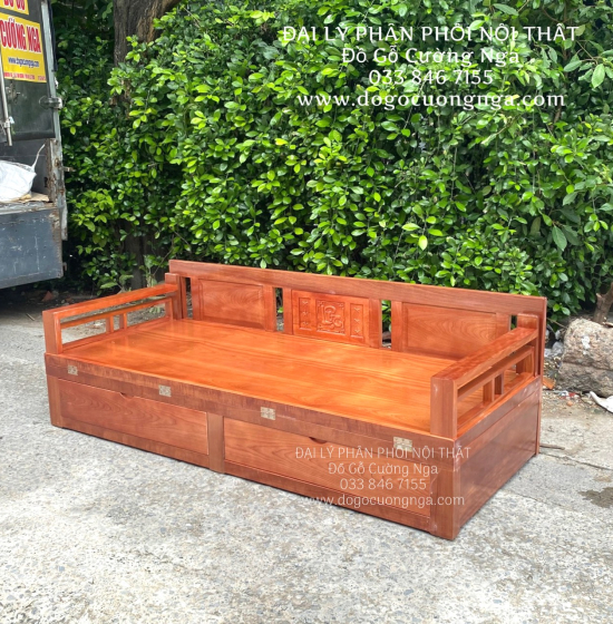Giường Gấp Gỗ Xoan Đào Hiện 2 Ngăn Kéo Tựa Trơn 