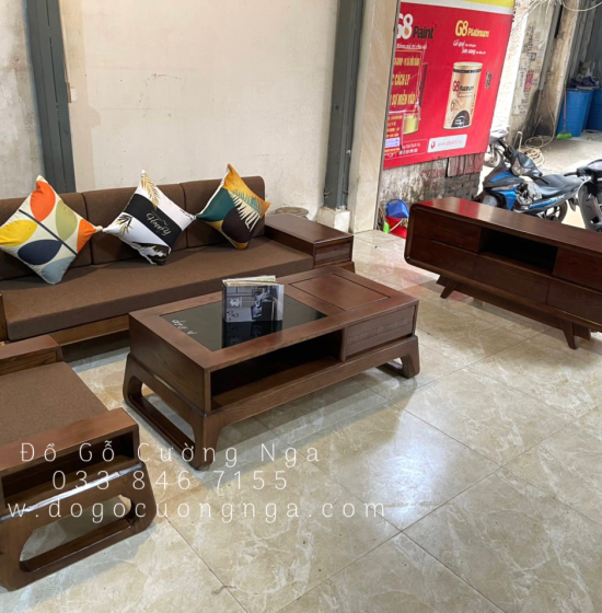 Bộ Sofa Văng Gỗ Sồi Nga Lau Màu Óc Chó 2m3 Kèm Nệm 
