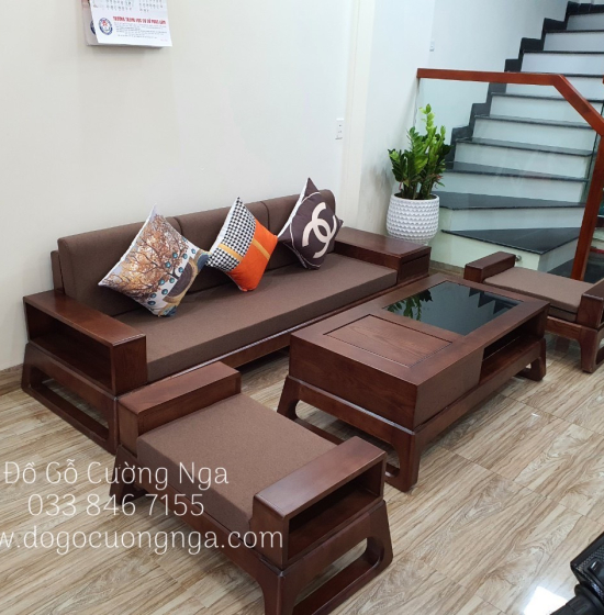 Bộ Sofa Văng Gỗ Sồi Nga Lau Màu Óc Chó 2m3 Kèm Nệm 