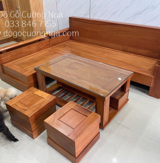 Bộ Sofa Gỗ Gõ Đỏ 2m1x1m65 - Tay Trứng Hiện Đại