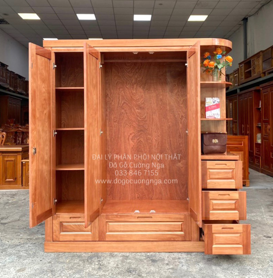 Tủ Áo Gỗ Xoan Đào 3 Cánh Kèm Kệ Góc Vế Phải Hiện Đại 
