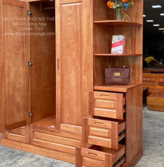 Tủ Áo Gỗ Xoan Đào 3 Cánh Kèm Kệ Góc Vế Phải Hiện Đại 