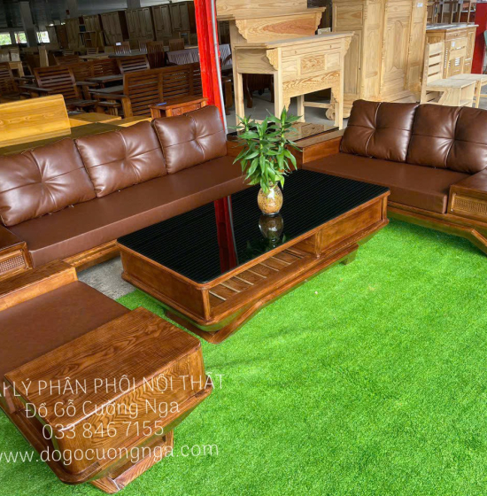 Sofa Gỗ Sồi Nga 2 Văng Lau Màu Kèm Nệm Hiện Đại Chân Thuyền 