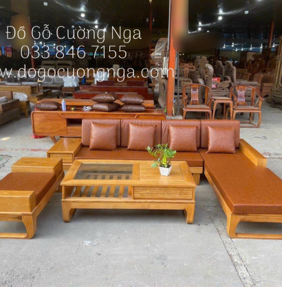 Sofa Gỗ Sồi Nga Góc L Kèm Nệm Chân Choãi Giá Rẻ