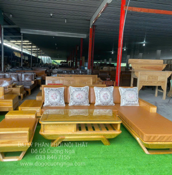 Sofa Gỗ Sồi Nga Góc L Chân Thuyền Nệm Giá Rẻ Đẹp 