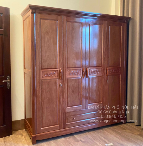 Tủ quần áo gỗ xoan đào 4 cánh giá rẻ 
