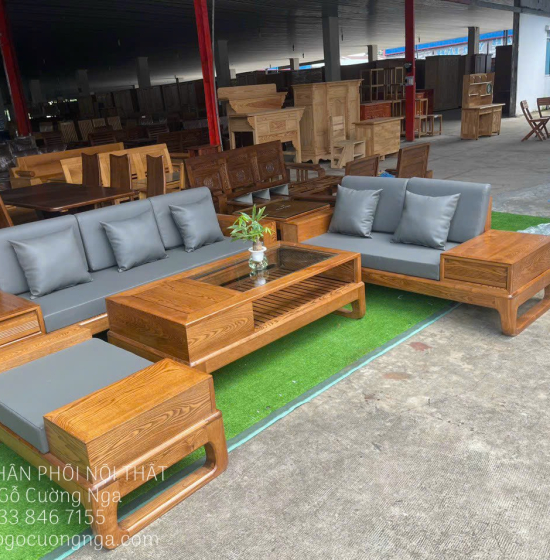 Sofa Gỗ Sồi Nga Lau Màu 2 Văng Kèm Nệm Giá Rẻ