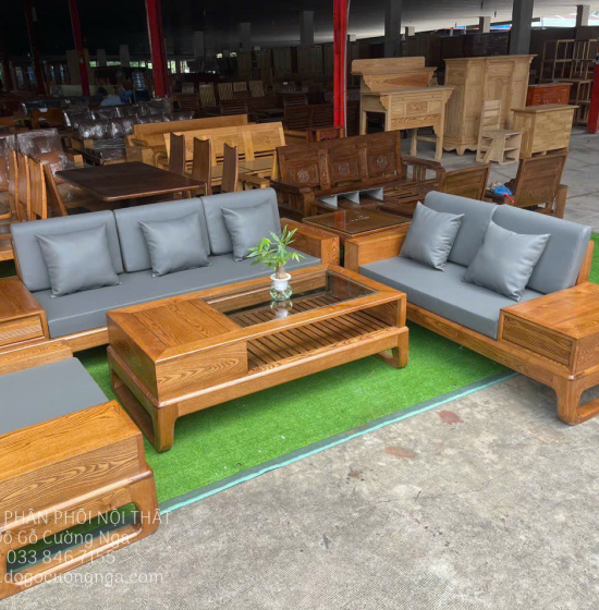 Sofa Gỗ Sồi Nga Lau Màu 2 Văng Kèm Nệm Giá Rẻ