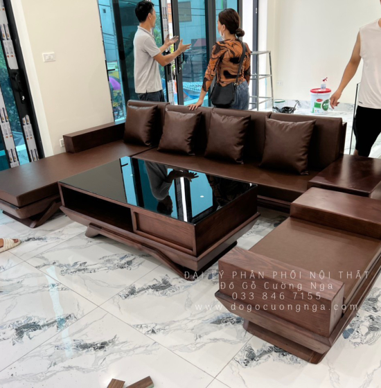 Sofa Gỗ Sồi Nga Lau Màu Óc Chó Chân Thuyền 2m8x1m8 Giá Rẻ 