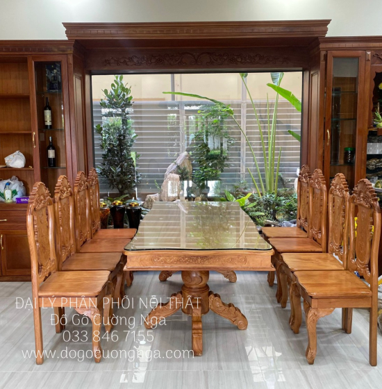 Bàn Ăn Gỗ Gõ Đỏ 8 Ghế Mẫu Bánh Tây Cao Cấp Sang Trọng 
