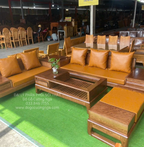 Sofa Gỗ Sồi Nga Lau Màu Hiện Đại 2 Văng Choãi 