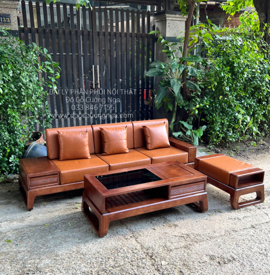 Bàn Ghế Sofa Gỗ Sồi Nga Hiện Đại 3 Chỗ Ngồi Kèm Nệm Sang Trọng 