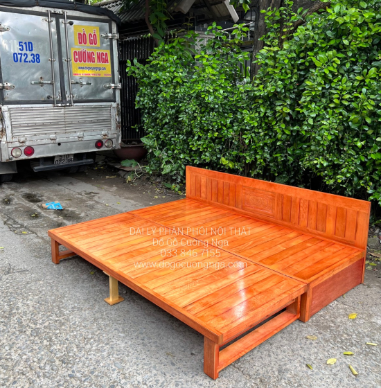 Ghế Giường Gỗ Sồi 2 Ngăn Kéo 1m4x1m9 Màu Cánh Gián Đẹp Giá Rẻ 