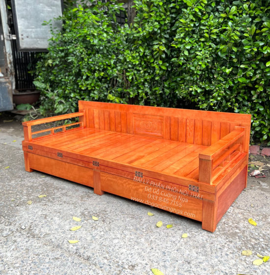 Ghế Giường Gỗ Sồi 2 Ngăn Kéo 1m4x1m9 Màu Cánh Gián Đẹp Giá Rẻ 