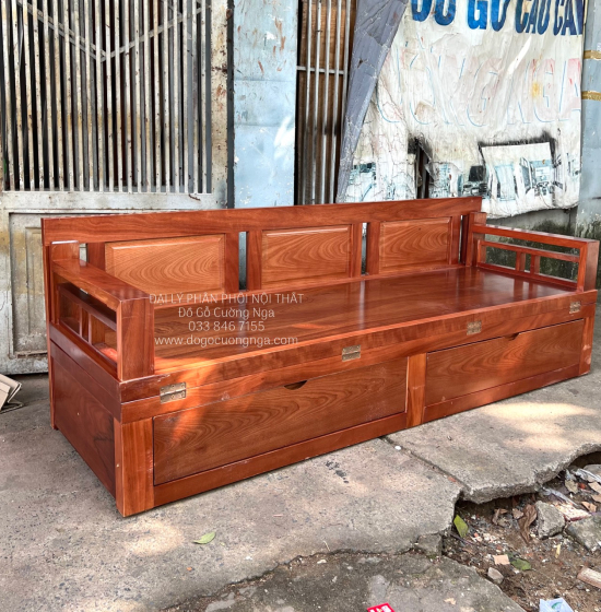 Giường Gấp Gỗ Xoan Đào Hiện 2 Ngăn Kéo Tựa Trơn 