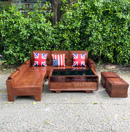 Bộ Bàn Ghế Sofa Góc L Gỗ Sồi Nga 2mx1m8 - Màu Óc Chó 