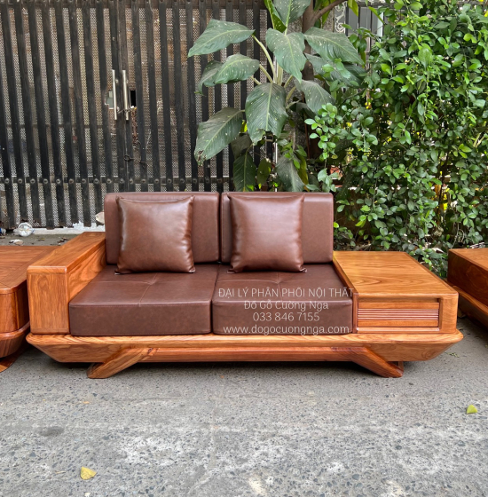 Ghế Sofa Gỗ Hương Vàng 2 Văng Thuyền Cao Cấp Sang Trọng 