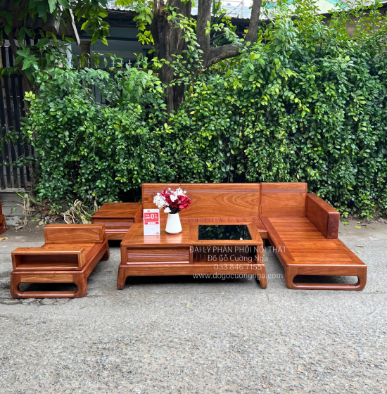 Sofa Gỗ Hương Vàng Hiện Đại 2m8x1m8 Chân Choãi 