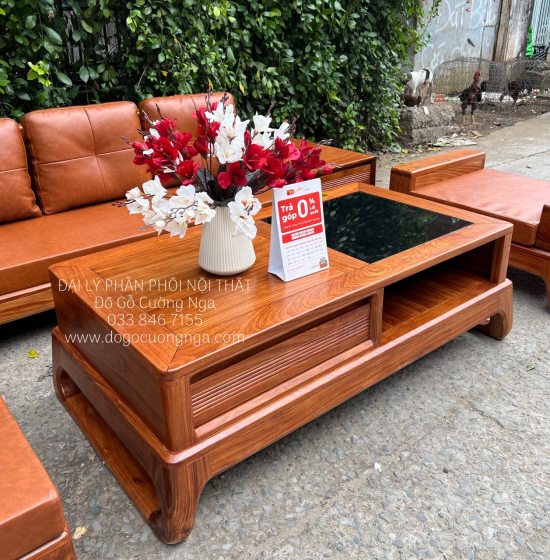 Sofa Gỗ Hương Vàng Hiện Đại 2m8x1m8 Chân Choãi 