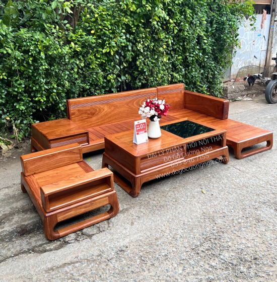 Sofa Gỗ Hương Vàng Hiện Đại 2m8x1m8 Chân Choãi 