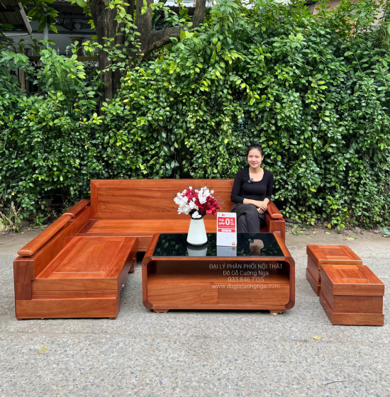 Bàn Ghế Sofa Góc L Gỗ Xoan Đào 2m1x1m6 Bàn Bom Hiện Đại 