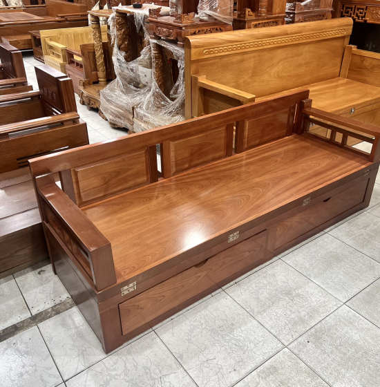 Giường Gấp Gỗ Xoan Đào Hiện 2 Ngăn Kéo Tựa Trơn 