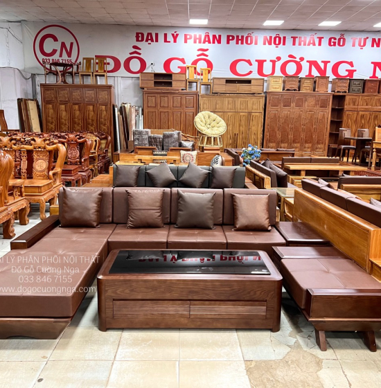 Bàn Ghế Sofa Gỗ Sồi Nga Chân Thuyền Lau Màu Óc Chó 2m8x1m9 