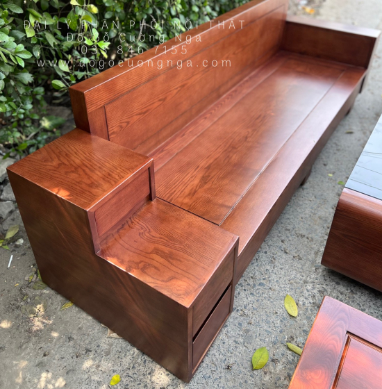 Sofa Gỗ Sồi Nga Văng Lau Màu Óc Chó Kèm Nệm Bền Đẹp 