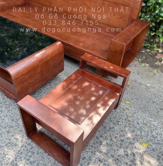 Sofa Gỗ Sồi Nga Văng Lau Màu Óc Chó Kèm Nệm Bền Đẹp 