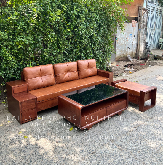 Sofa Gỗ Sồi Nga Văng Lau Màu Óc Chó Kèm Nệm Bền Đẹp 