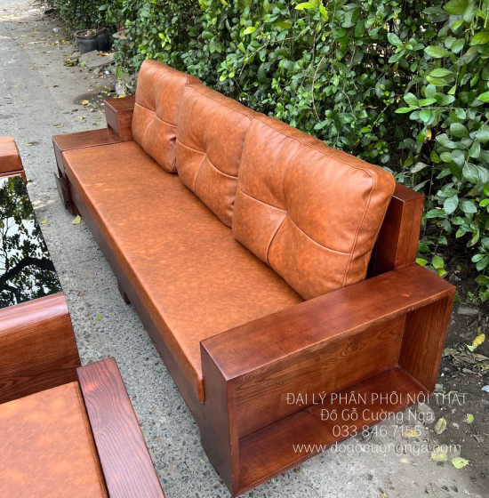 Sofa Gỗ Sồi Nga Văng Lau Màu Óc Chó Kèm Nệm Bền Đẹp 