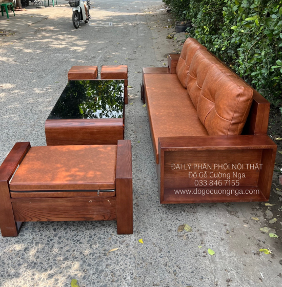Sofa Gỗ Sồi Nga Văng Lau Màu Óc Chó Kèm Nệm Bền Đẹp 