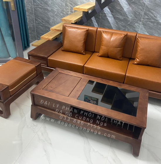 Bàn Ghế Sofa Gỗ Sồi Nga Hiện Đại 3 Chỗ Ngồi Kèm Nệm Sang Trọng 