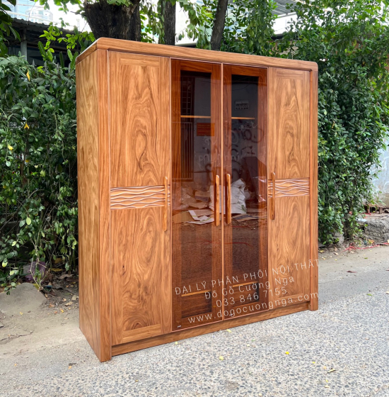 Tủ Quần Áo Gỗ Hương Xám 4 Cánh Kính Hiện Đại Chất Lượng 
