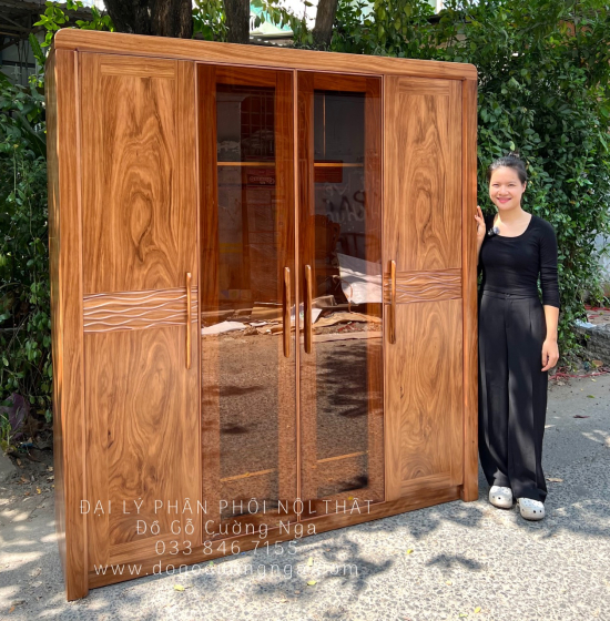 Tủ Quần Áo Gỗ Hương Xám 4 Cánh Kính Hiện Đại Chất Lượng 