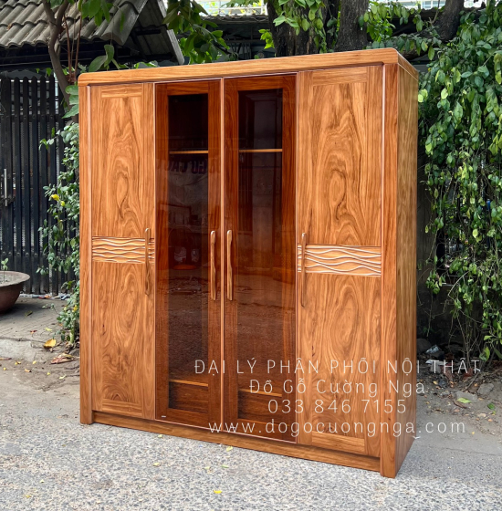 Tủ Quần Áo Gỗ Hương Xám 4 Cánh Kính Hiện Đại Chất Lượng 