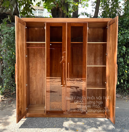 Tủ Quần Áo Gỗ Hương Xám 4 Cánh Kính Hiện Đại Chất Lượng 
