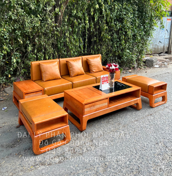 Sofa Gỗ Sồi Nga Nhỏ Gọn 1 Văng 4 Chi Tiết Lau Màu Gõ Hiện Đại 