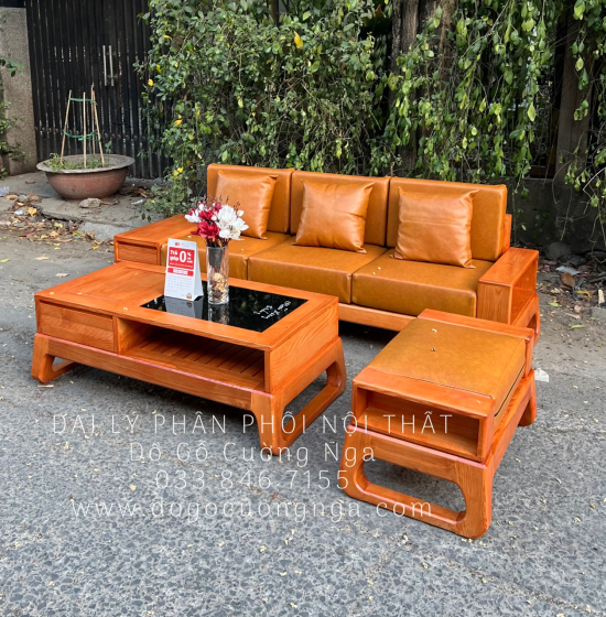 Sofa Gỗ Sồi Nga Nhỏ Gọn 1 Văng 4 Chi Tiết Lau Màu Gõ Hiện Đại 