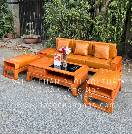 Sofa Gỗ Sồi Nga Nhỏ Gọn 1 Văng 4 Chi Tiết Lau Màu Gõ Hiện Đại 