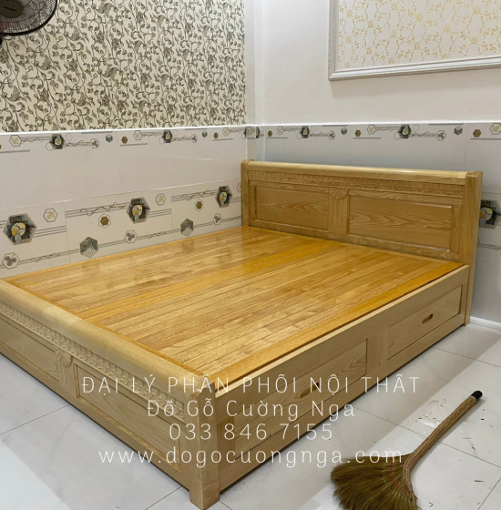 Giường gỗ sồi 2 ngăn kéo hiên đại mẫu quạt 