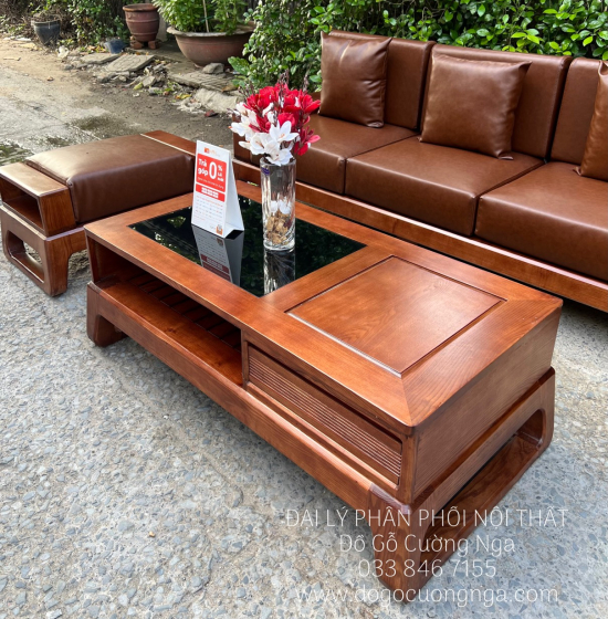 Bộ Sofa Văng Gỗ Sồi Nga Lau Màu Óc Chó 2m3 Kèm Nệm 