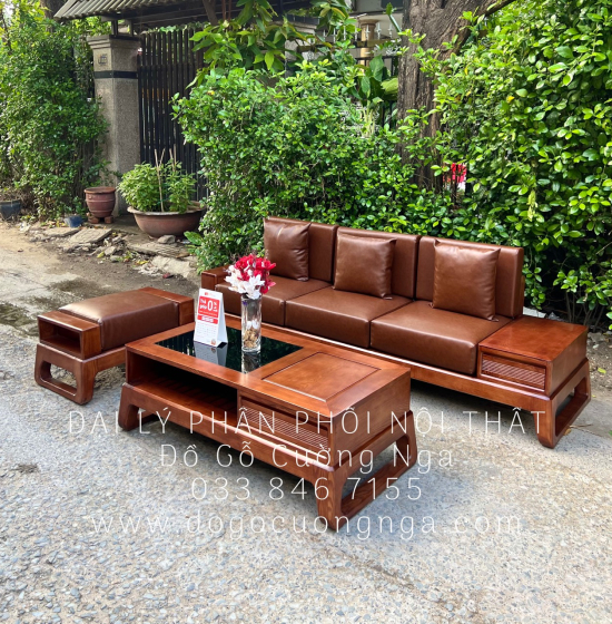 Bộ Sofa Văng Gỗ Sồi Nga Lau Màu Óc Chó 2m3 Kèm Nệm 