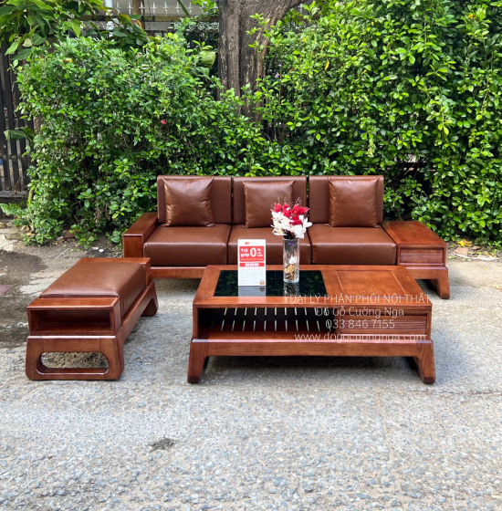 Bộ Sofa Văng Gỗ Sồi Nga Lau Màu Óc Chó 2m3 Kèm Nệm 
